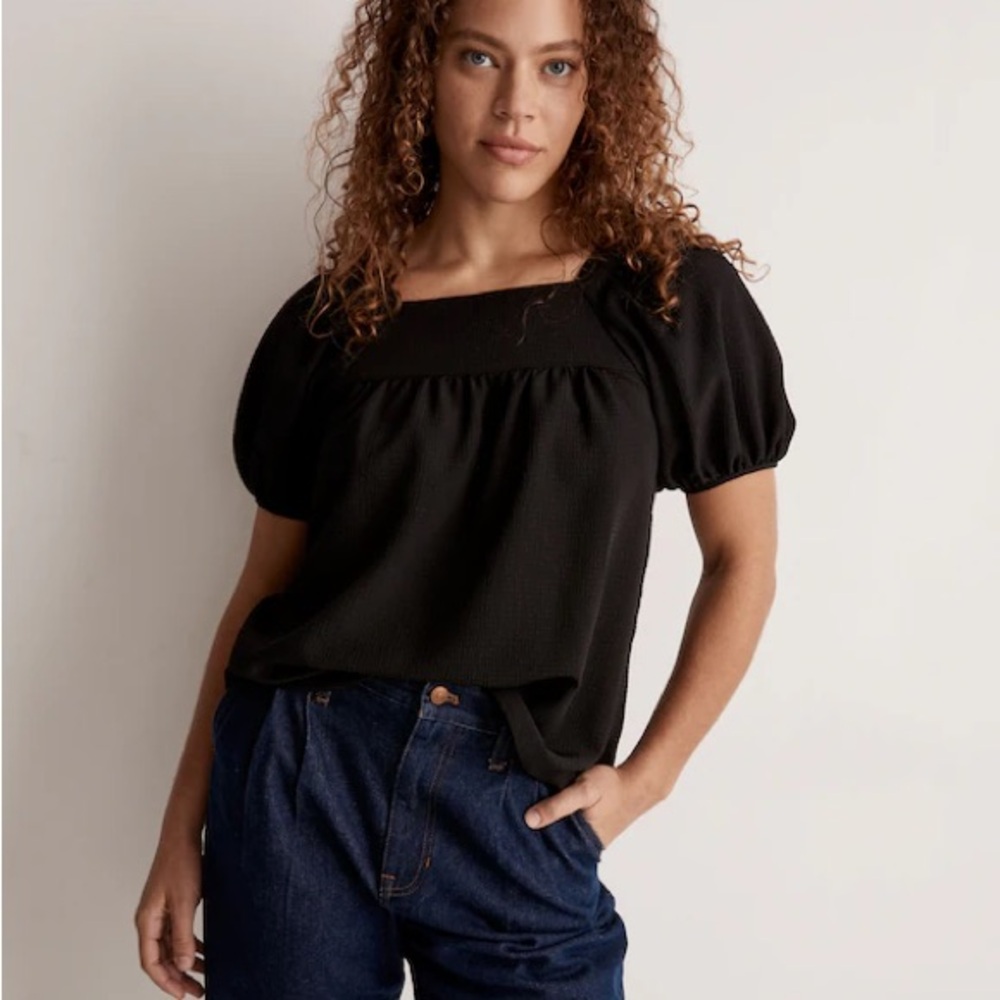 Madewell women’s seersucker bubble sleeve top in black size large - Picture 1 of 5